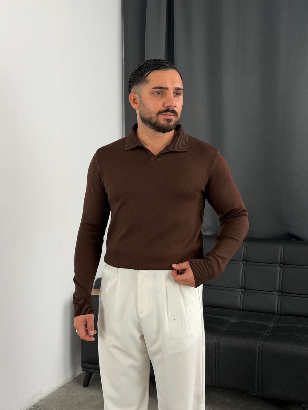 Elmas %100 Triko Polo Yaka Sweatshirt Acı Kahve