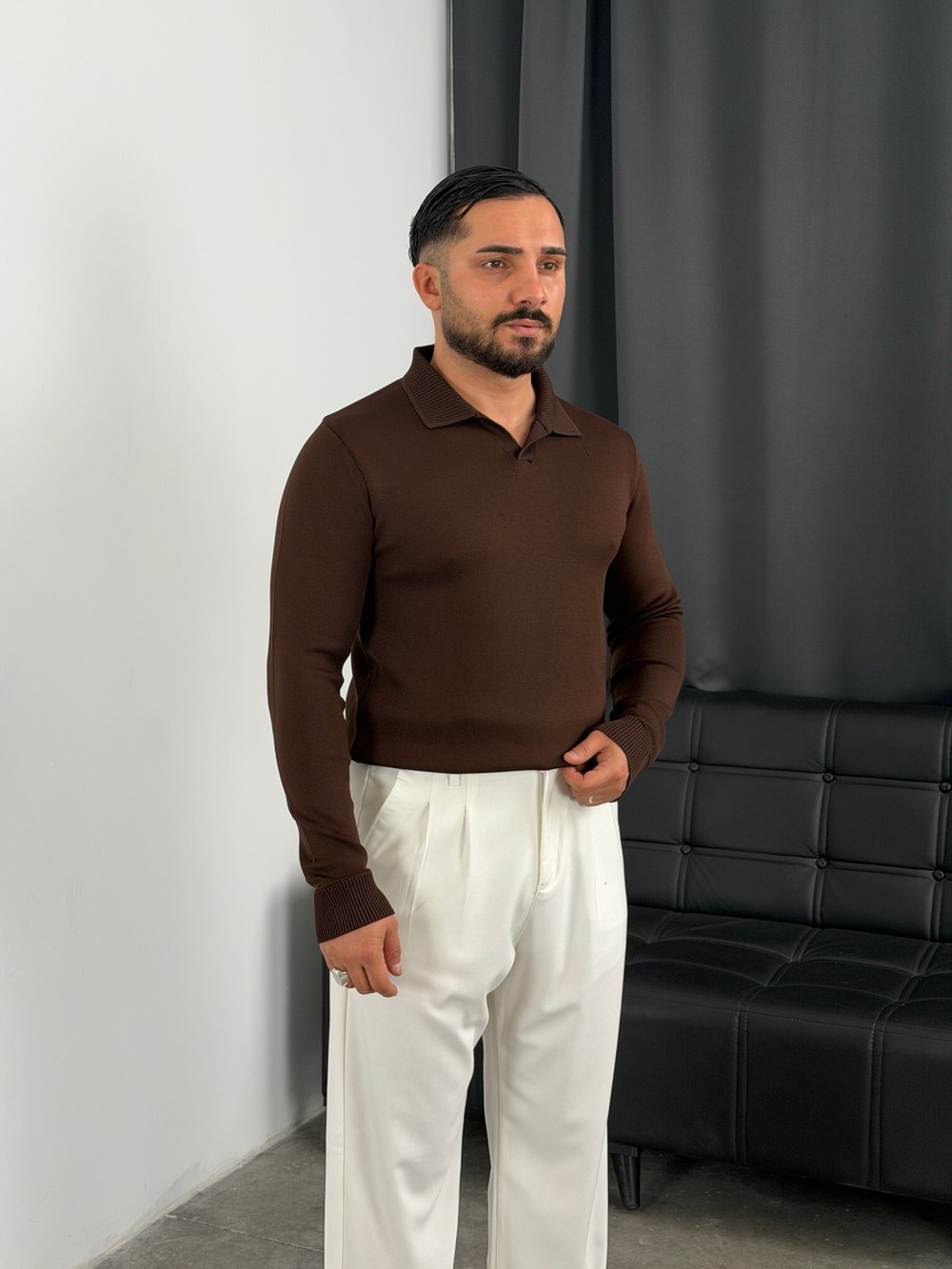 Elmas %100 Triko Polo Yaka Sweatshirt Acı Kahve