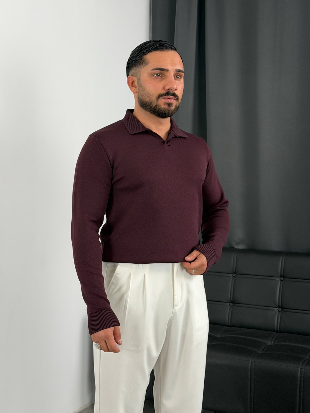 Elmas %100 Triko Polo Yaka Sweatshirt Bordo