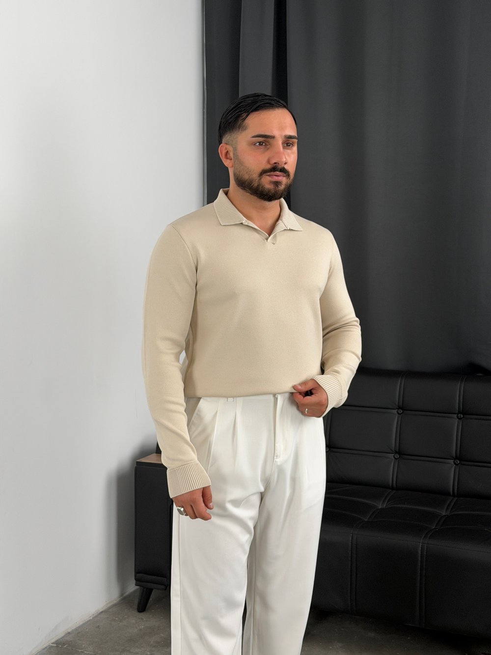 Elmas %100 Triko Polo Yaka Sweatshirt Bej