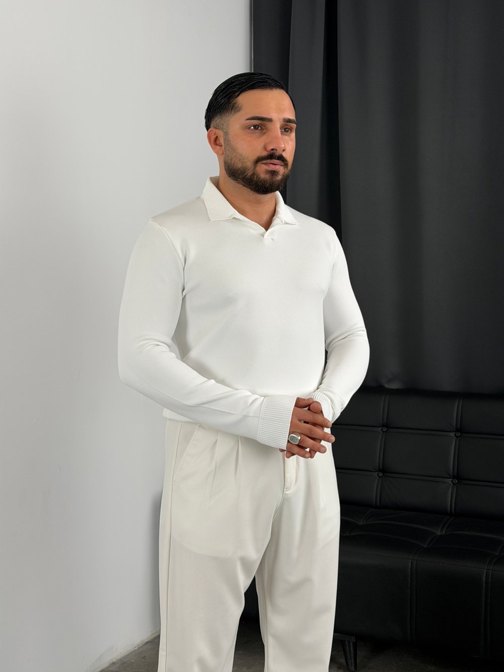 Elmas %100 Triko Polo Yaka Sweatshirt Beyaz
