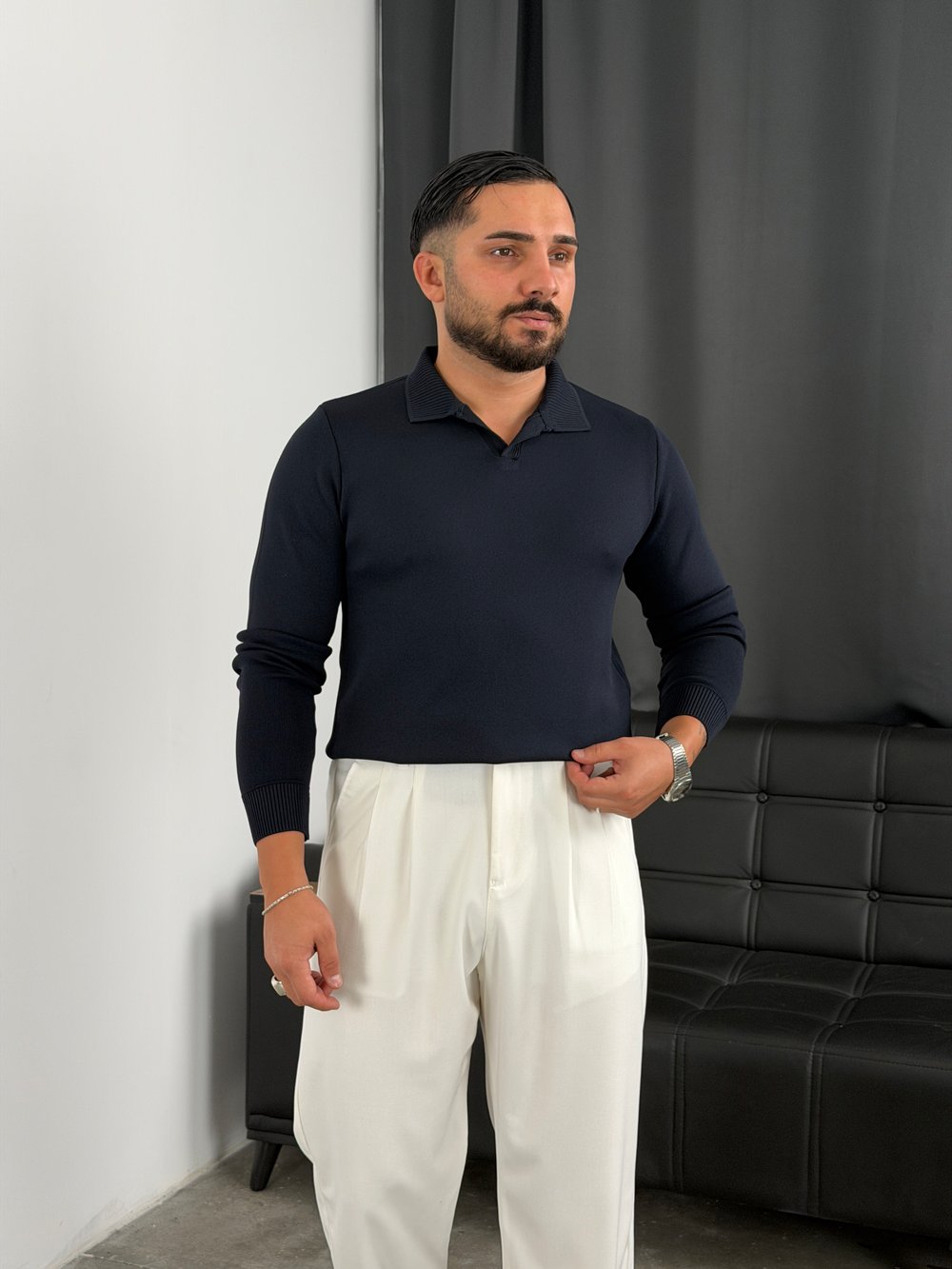 Elmas %100 Triko Polo Yaka Sweatshirt Lacivert