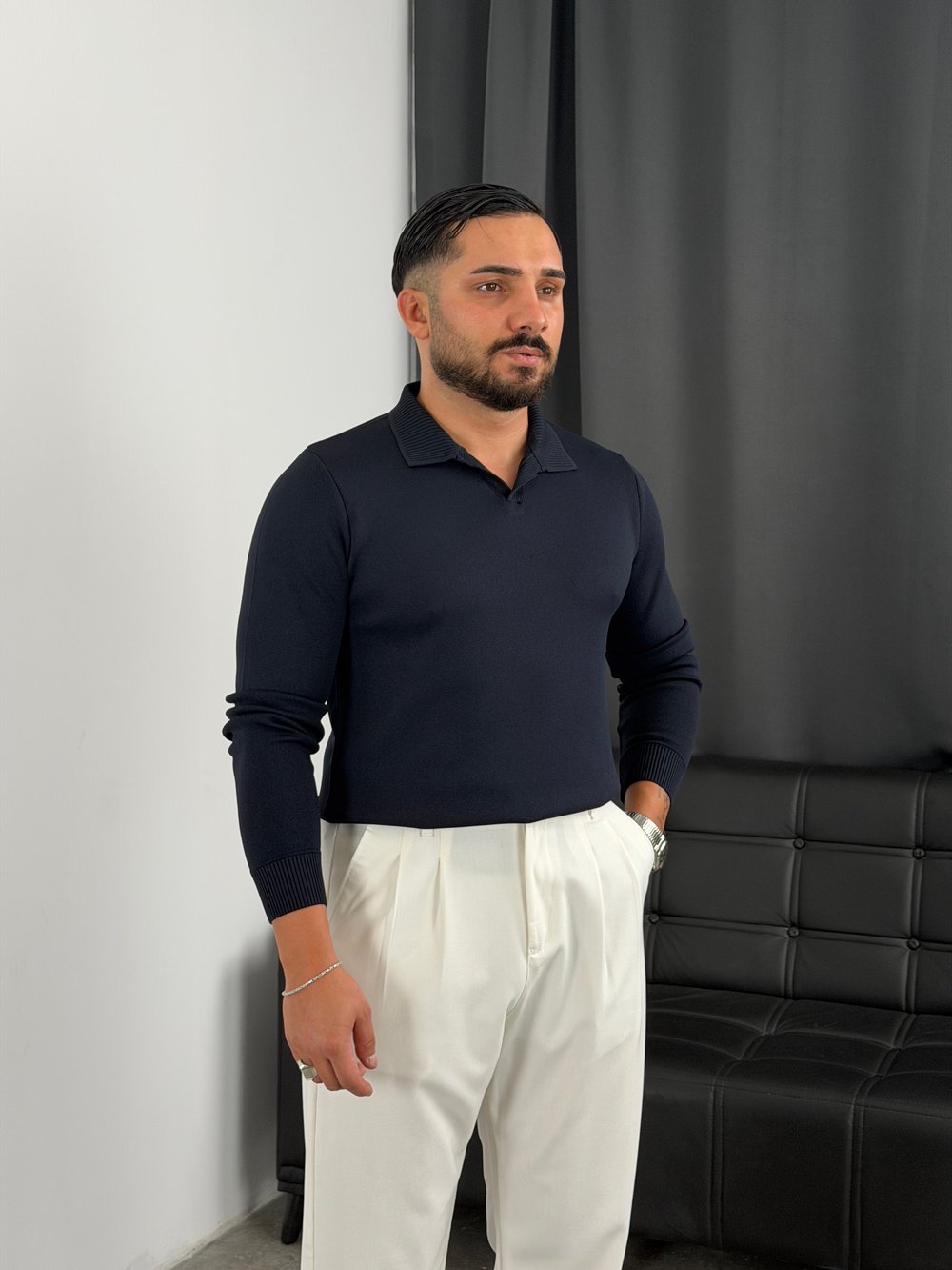 Elmas %100 Triko Polo Yaka Sweatshirt Lacivert