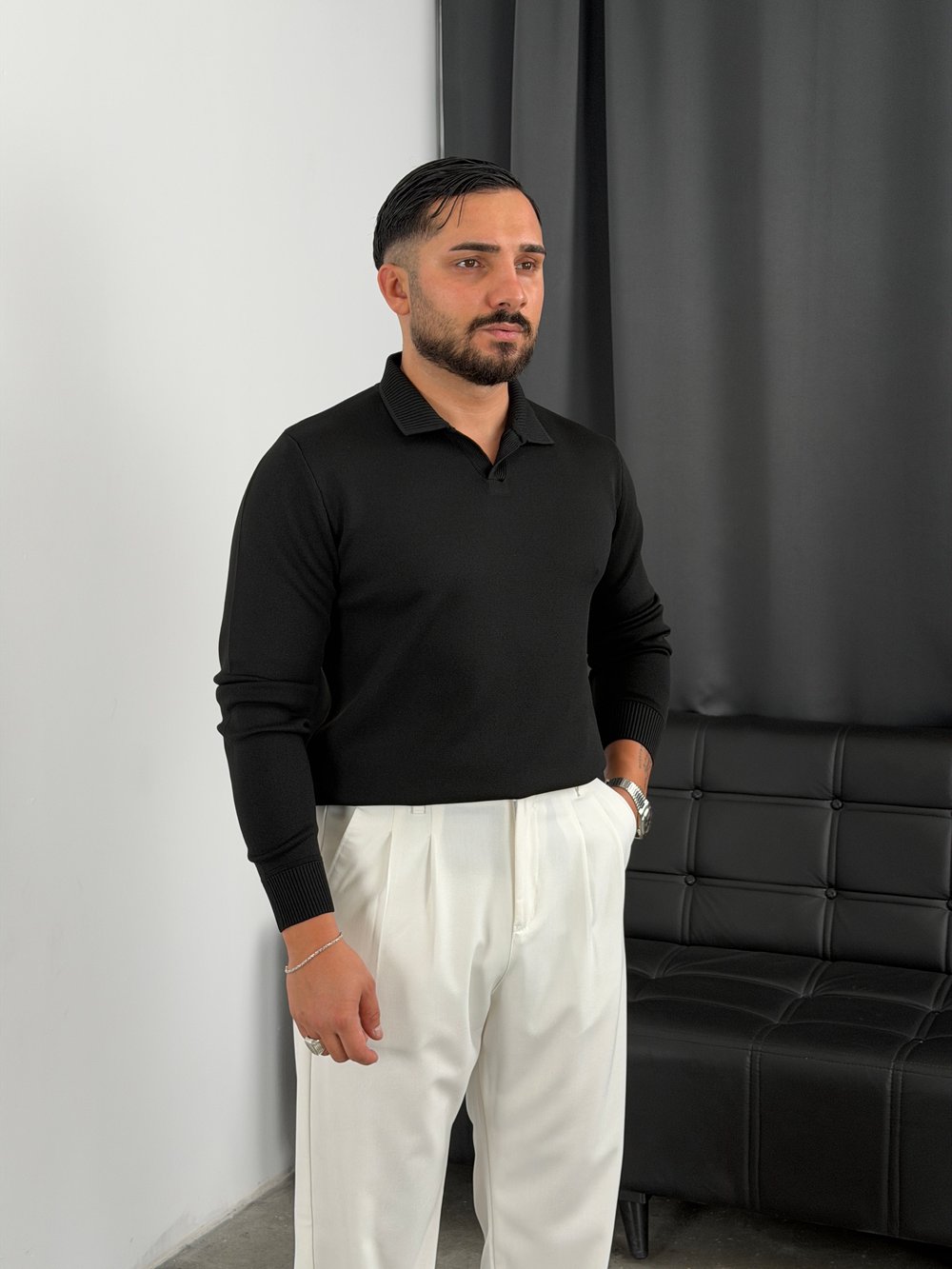 Elmas %100 Triko Polo Yaka Sweatshirt Siyah