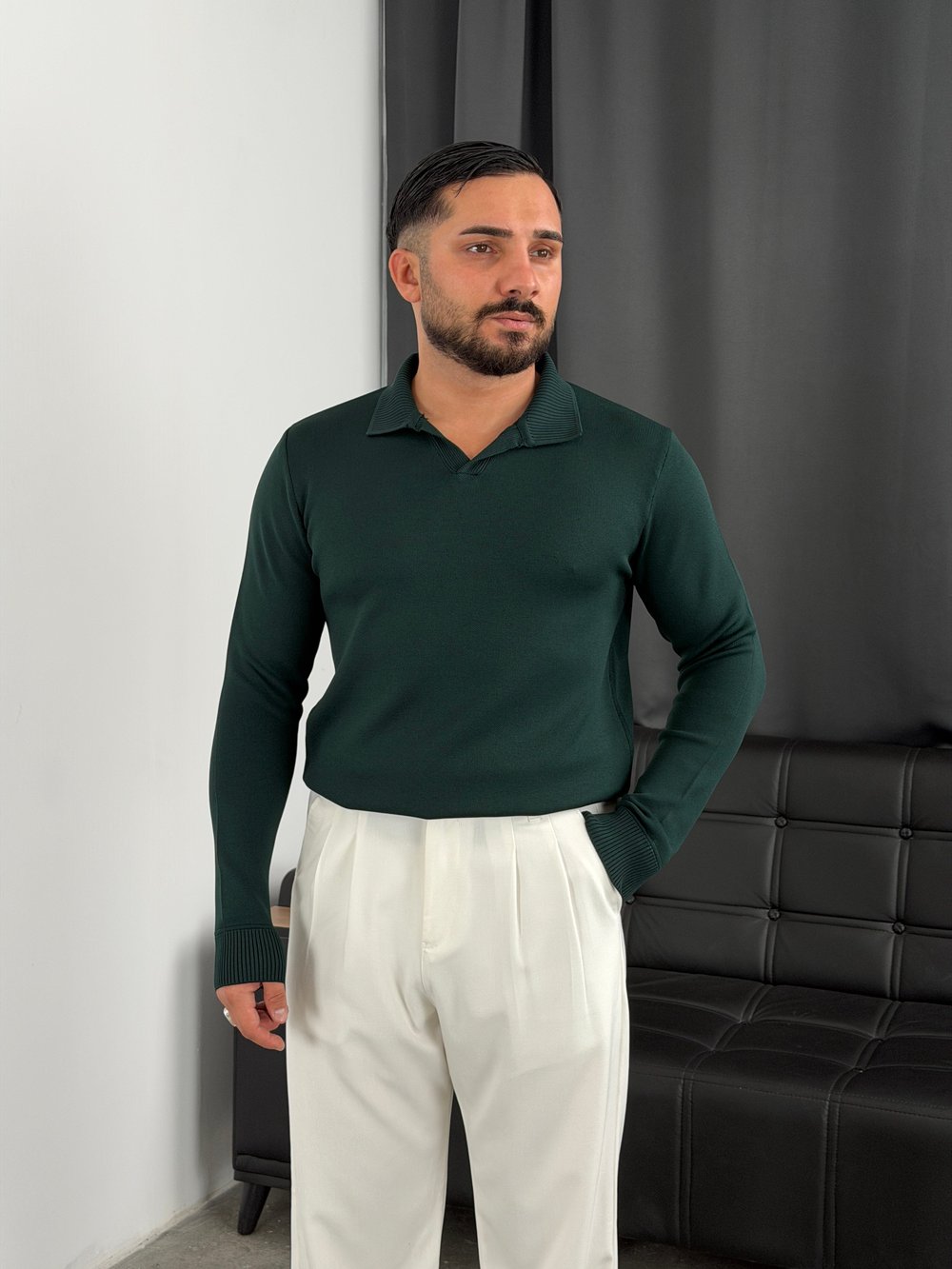 Elmas %100 Triko Polo Yaka Sweatshirt Zümrüt Yeşili