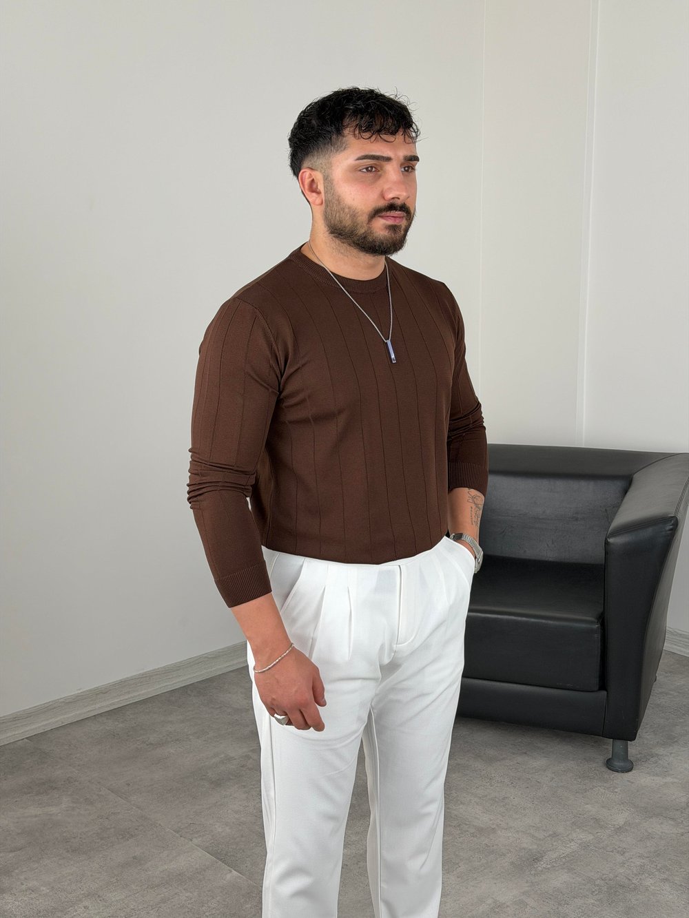 ELMAS KUMAŞ ÇİZGİLİ TRİKO SWEATSHİRT ACI KAHVE