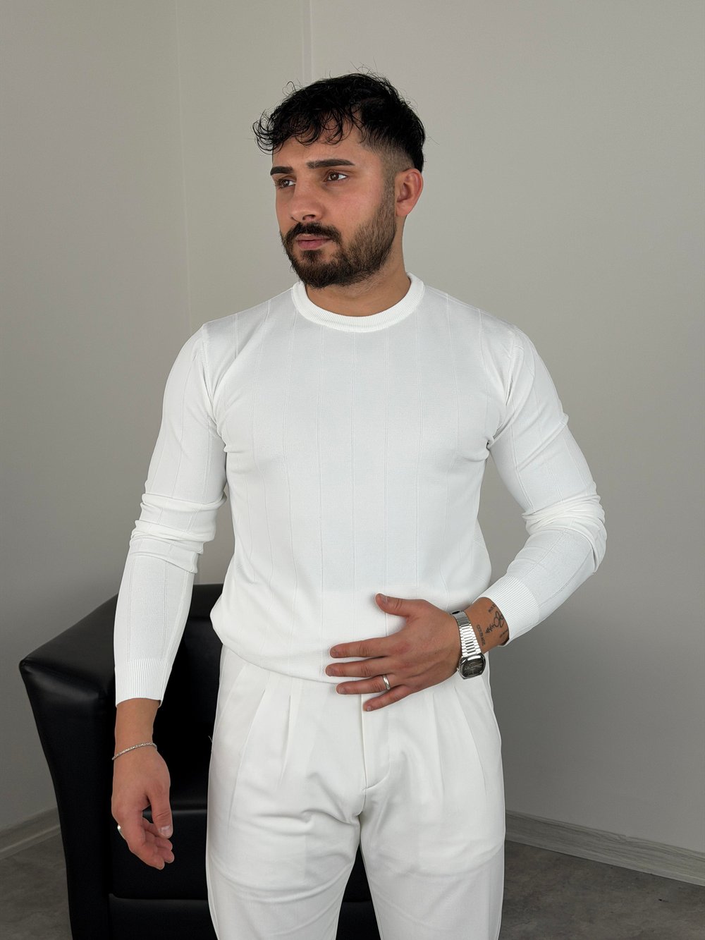 ELMAS KUMAŞ ÇİZGİLİ TRİKO SWEATSHİRT BEYAZ