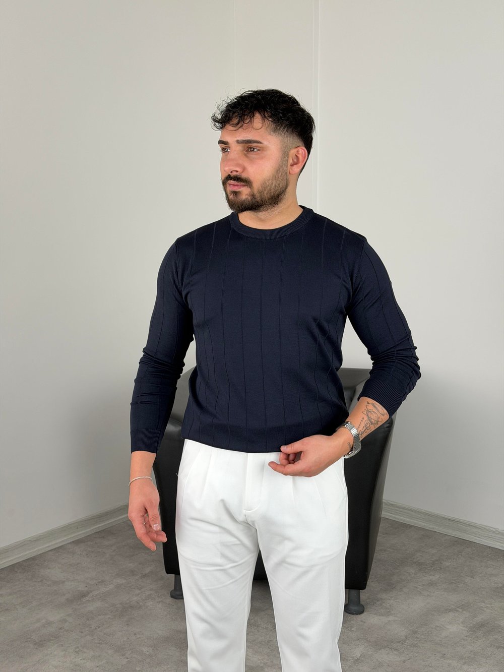 ELMAS KUMAŞ ÇİZGİLİ TRİKO SWEATSHİRT LACİVERT