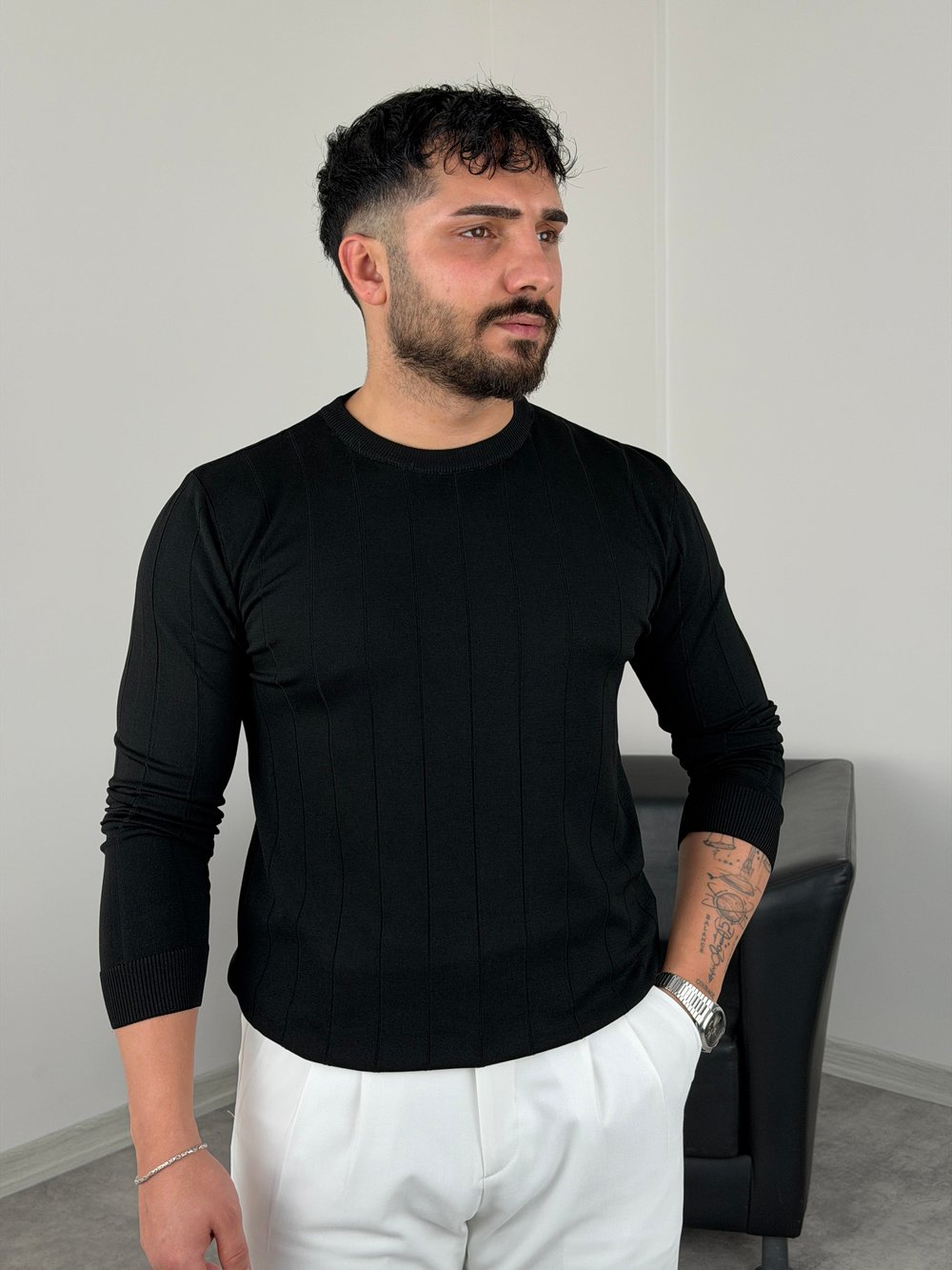 ELMAS KUMAŞ ÇİZGİLİ TRİKO SWEATSHİRT SİYAH