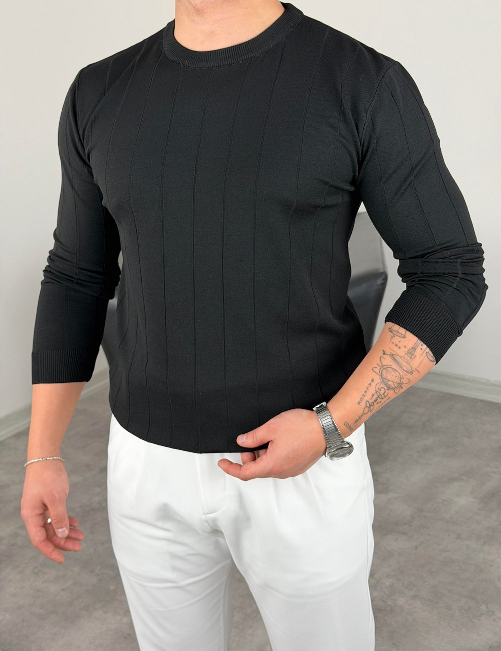 ELMAS KUMAŞ ÇİZGİLİ TRİKO SWEATSHİRT SİYAH