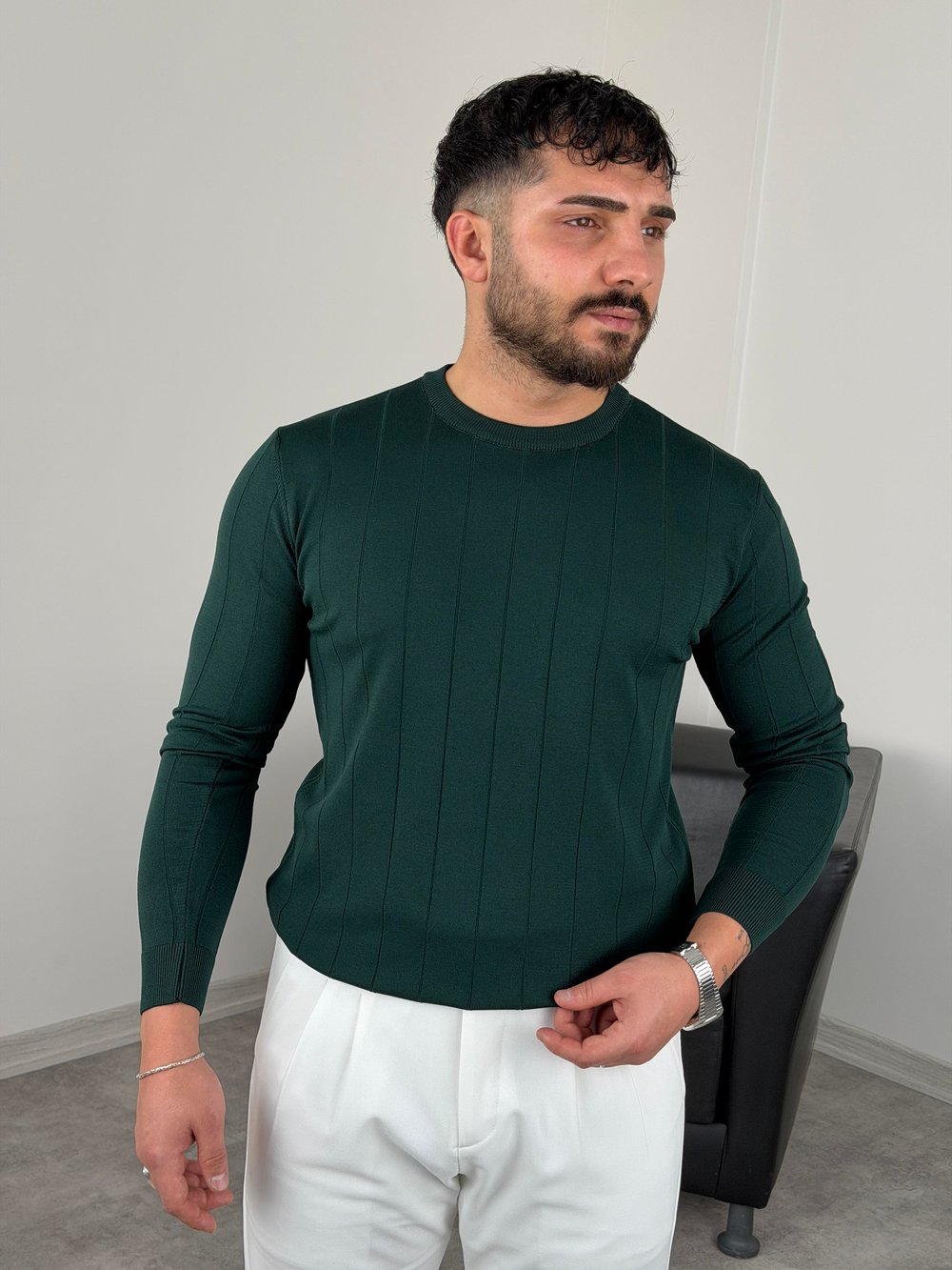 ELMAS KUMAŞ ÇİZGİLİ TRİKO SWEATSHİRT ZÜMRÜT YEŞİLİ