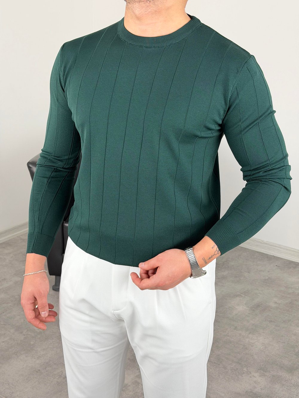 ELMAS KUMAŞ ÇİZGİLİ TRİKO SWEATSHİRT ZÜMRÜT YEŞİLİ