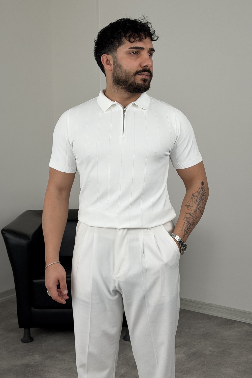 ELMAS TRİKO YARIM FERMUAR FİTİLLİ TİŞÖRT BEYAZ
