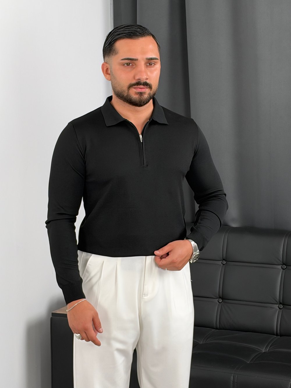 Elmas Triko Yarım Fermuar Polo Yaka Sweatshirt Siyah