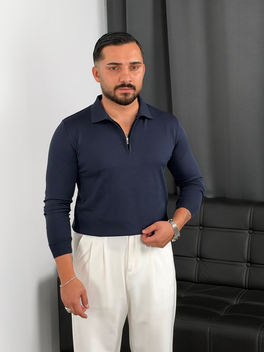 Elmas Triko Yarım Fermuar Polo Yaka Sweatshirt Lacivert