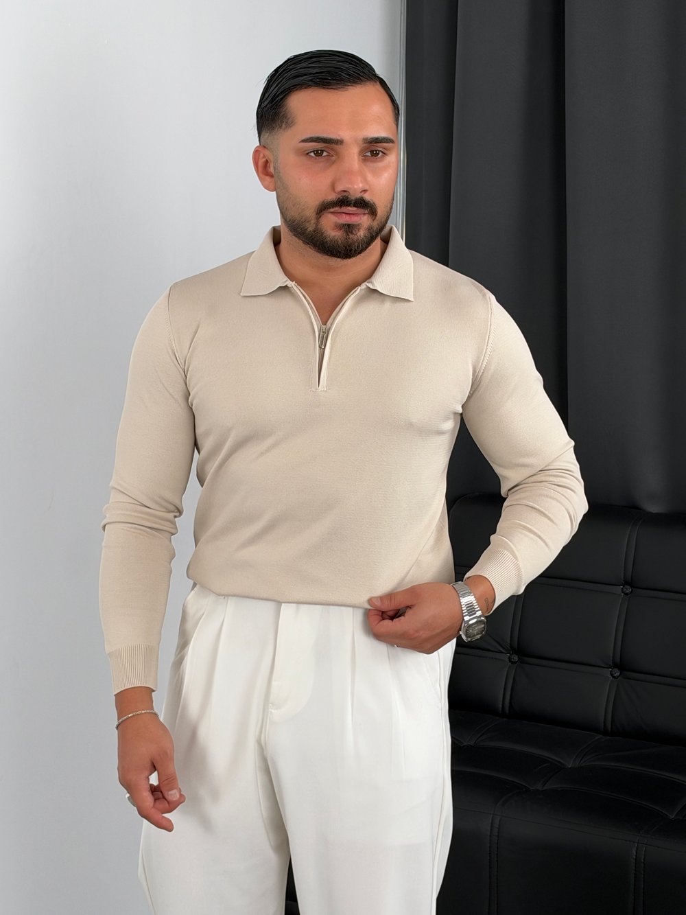 Elmas Triko Yarım Fermuar Polo Yaka Sweatshirt Bej