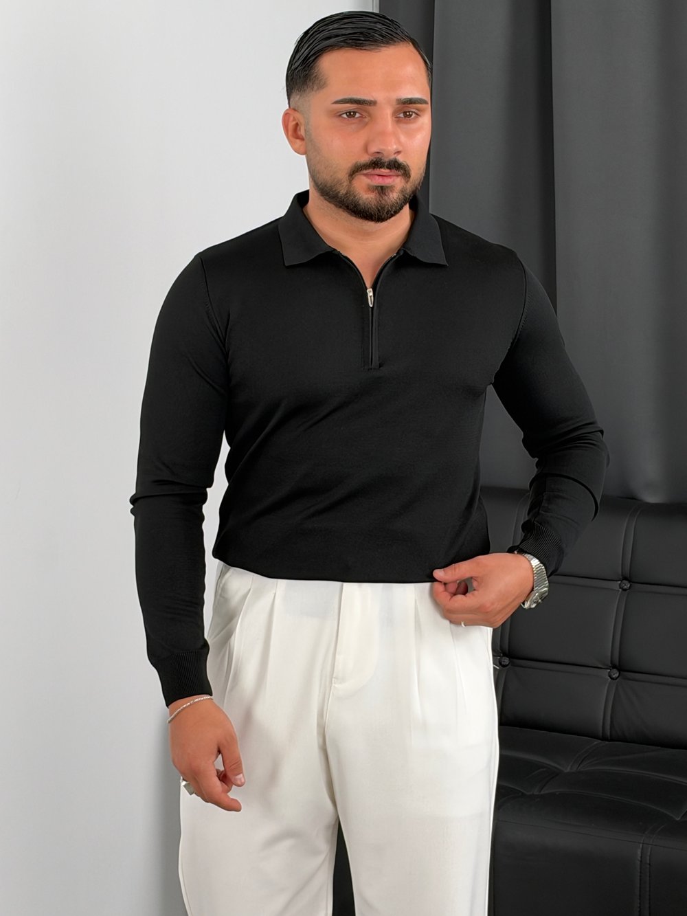 Elmas Triko Yarım Fermuar Polo Yaka Sweatshirt Siyah