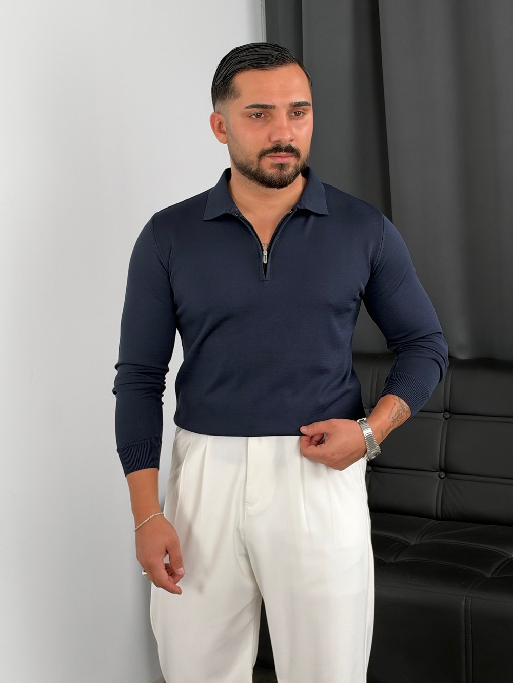 Elmas Triko Yarım Fermuar Polo Yaka Sweatshirt Lacivert