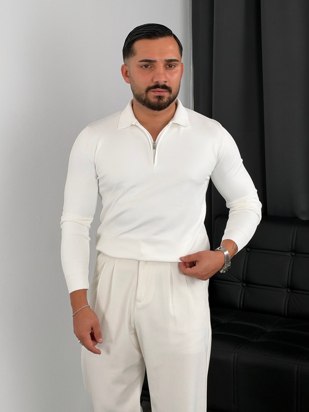 Elmas Triko Yarım Fermuar Polo Yaka Sweatshirt Beyaz
