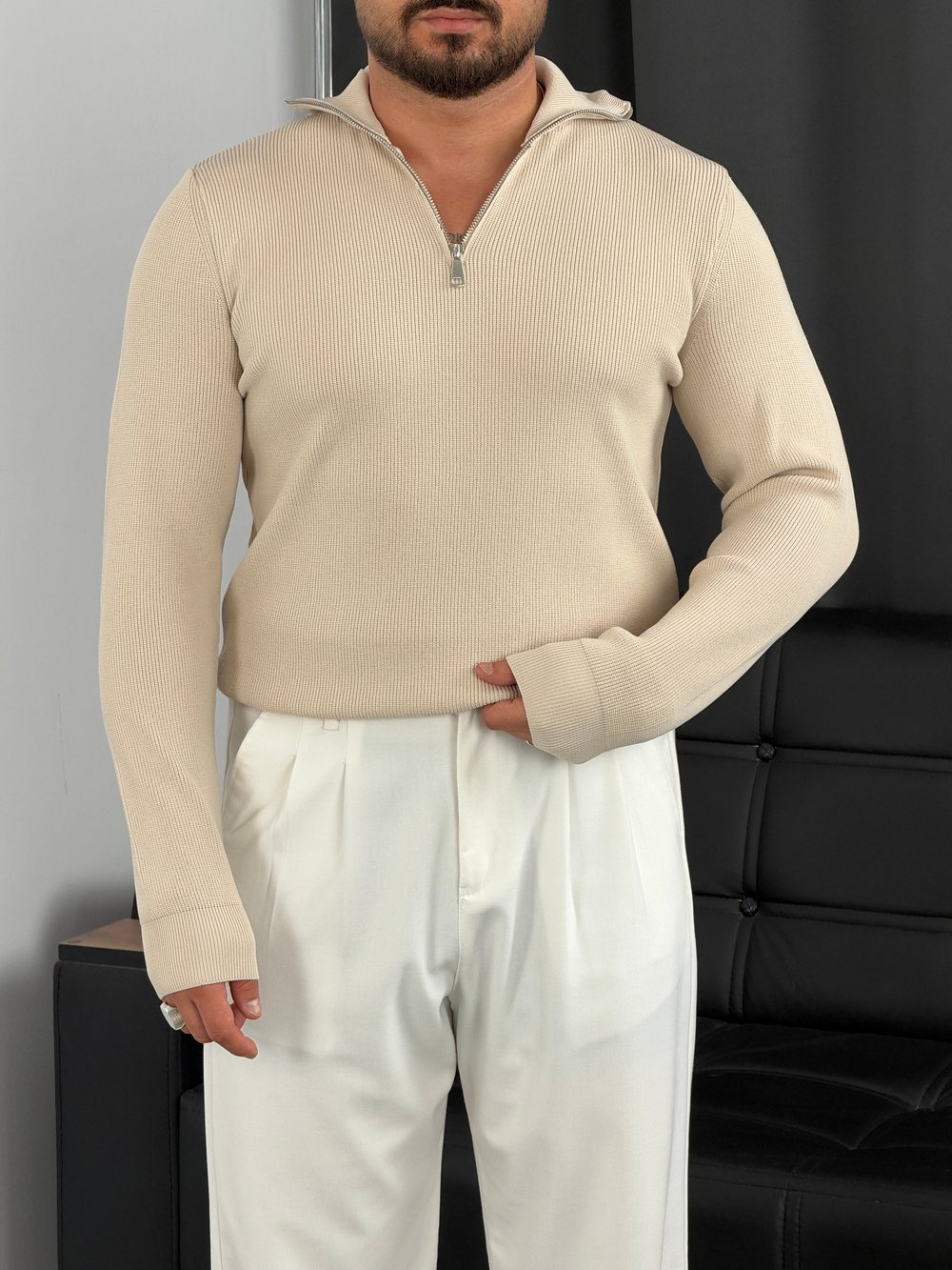 Elmas Triko Yarım Fermuar Sweatshirt Bej