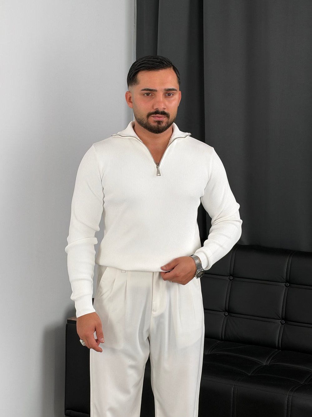 Elmas Triko Yarım Fermuar Sweatshirt Beyaz