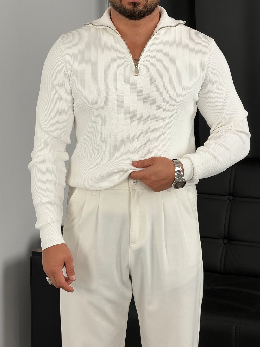 Elmas Triko Yarım Fermuar Sweatshirt Beyaz