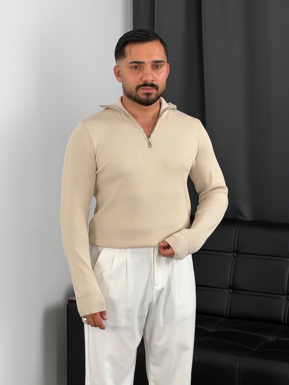 Elmas Triko Yarım Fermuar Sweatshirt Bej