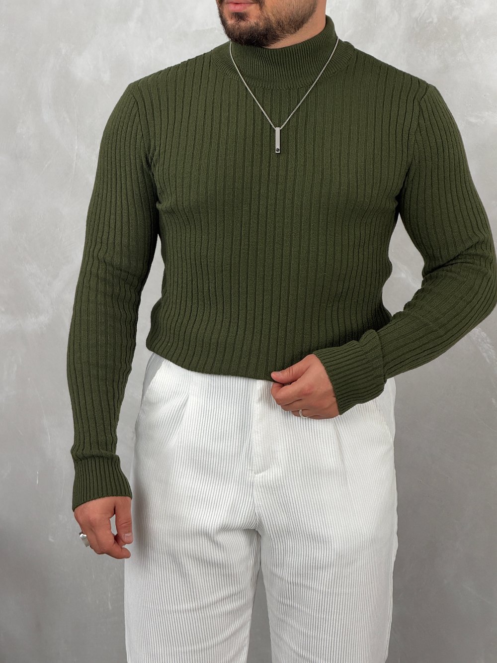 Fitilli Balıkçı Yaka Triko Sweatshirt Haki Yeşil