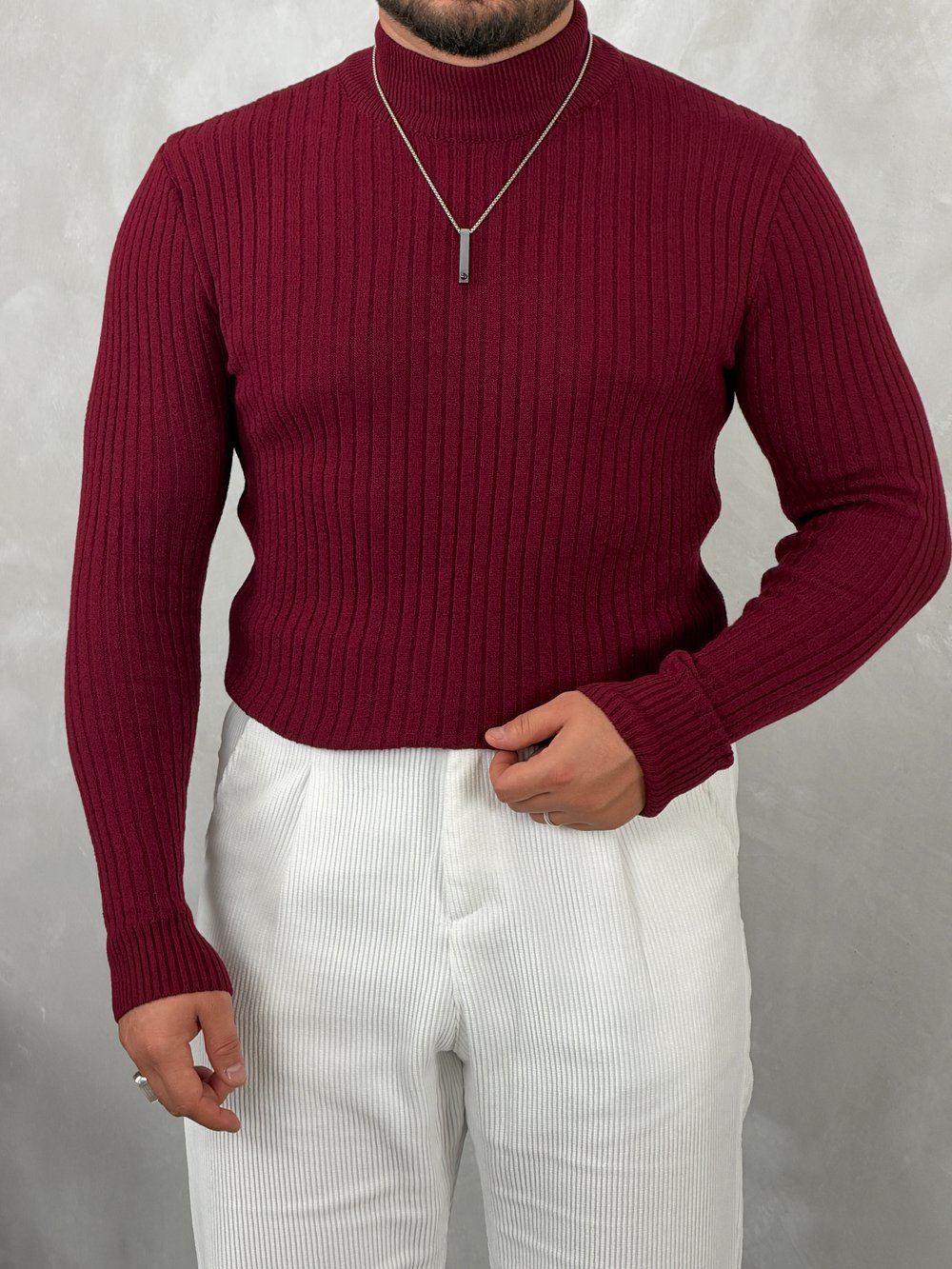 Fitilli Balıkçı Yaka Triko Sweatshirt Bordo