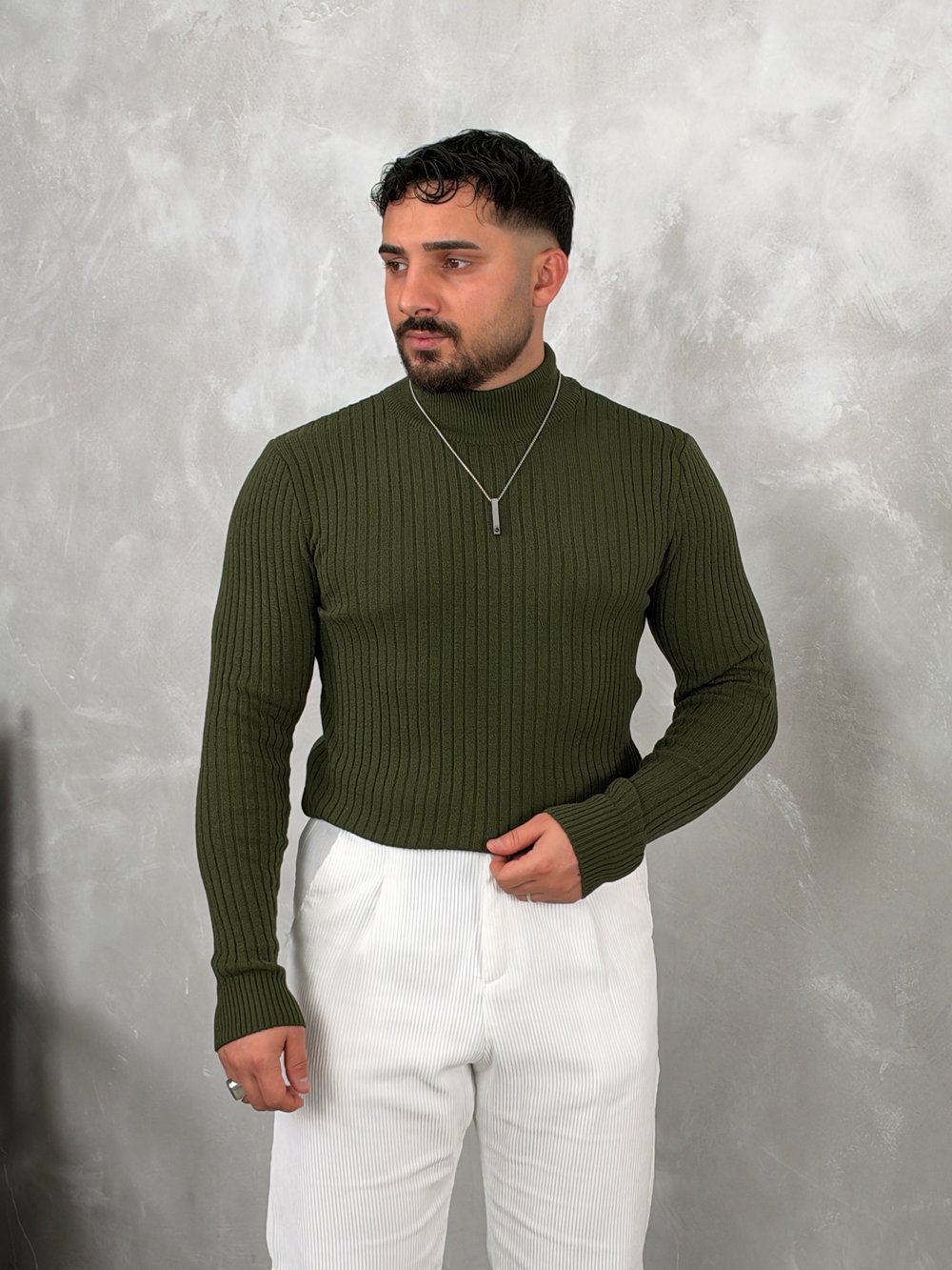 Fitilli Balıkçı Yaka Triko Sweatshirt Haki Yeşil