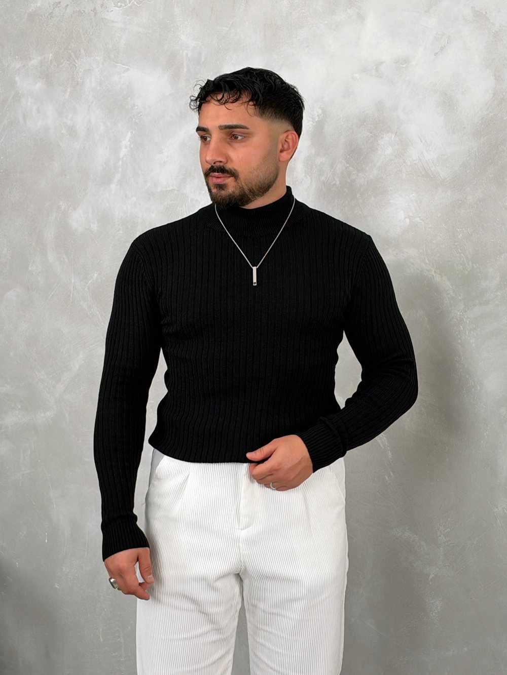 Fitilli Balıkçı Yaka Triko Sweatshirt Siyah