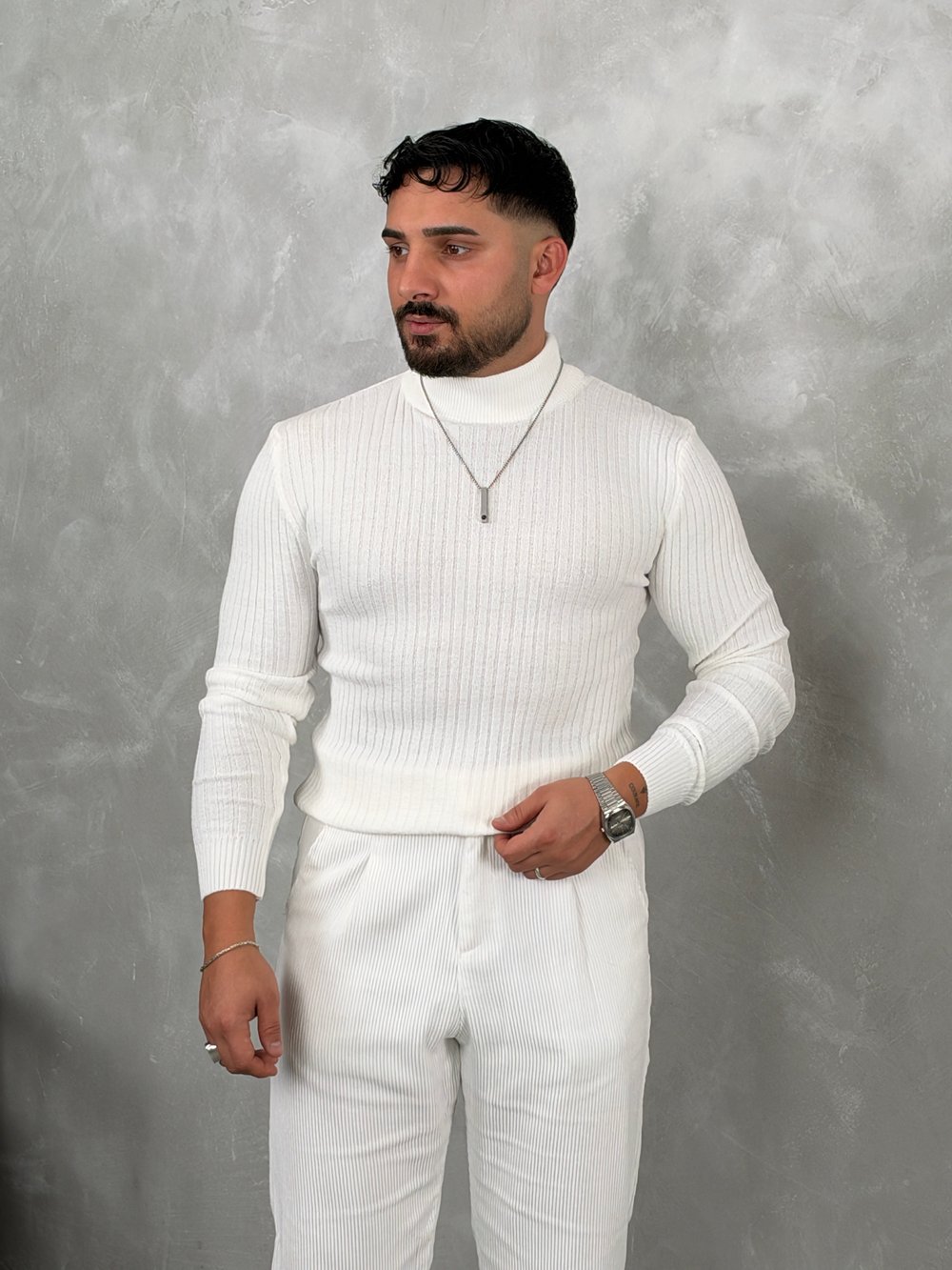Fitilli Balıkçı Yaka Triko Sweatshirt Beyaz