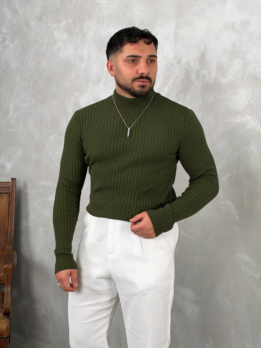 Fitilli Balıkçı Yaka Triko Sweatshirt Haki Yeşil