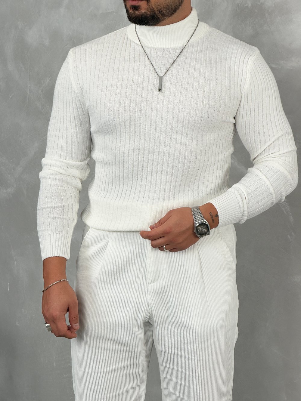 Fitilli Balıkçı Yaka Triko Sweatshirt Beyaz
