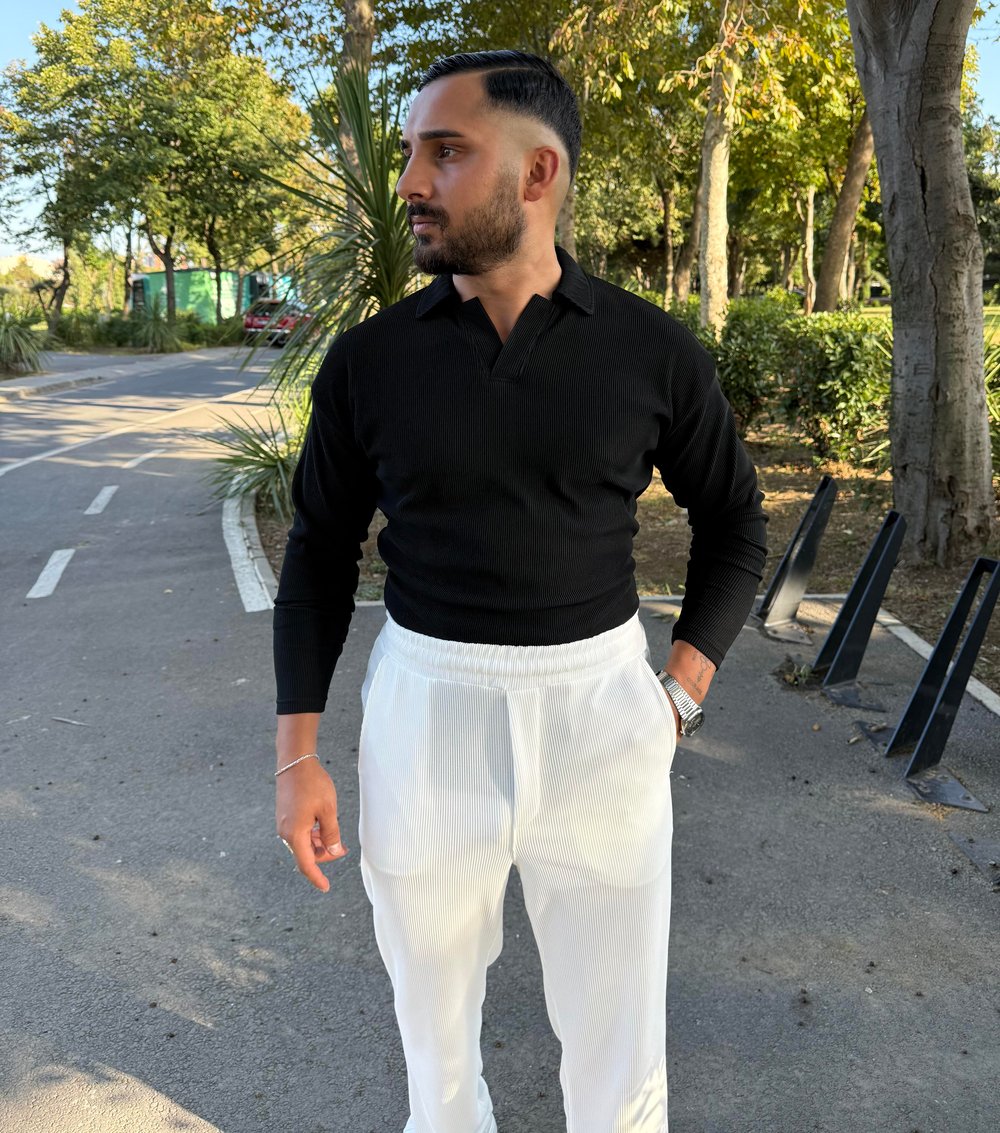 FİTİLLİ POLO YAKA SWEATSHİRT SİYAH