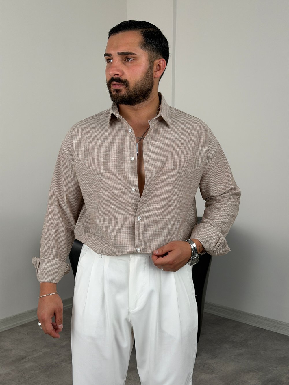 HAVAİ MODEL %100 KETEN GÖMLEK BEJ