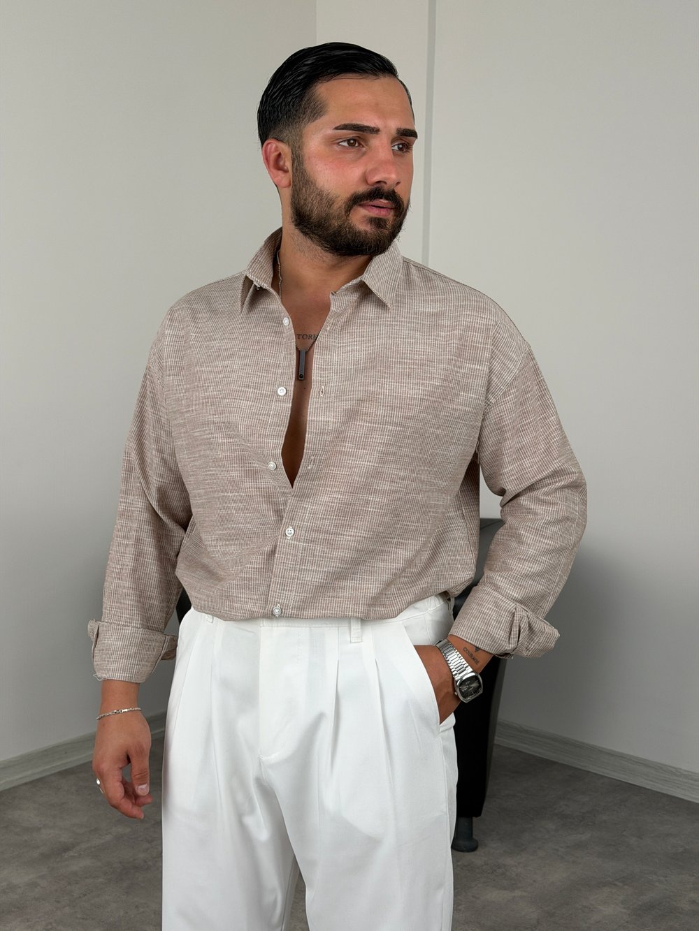 HAVAİ MODEL %100 KETEN GÖMLEK BEJ