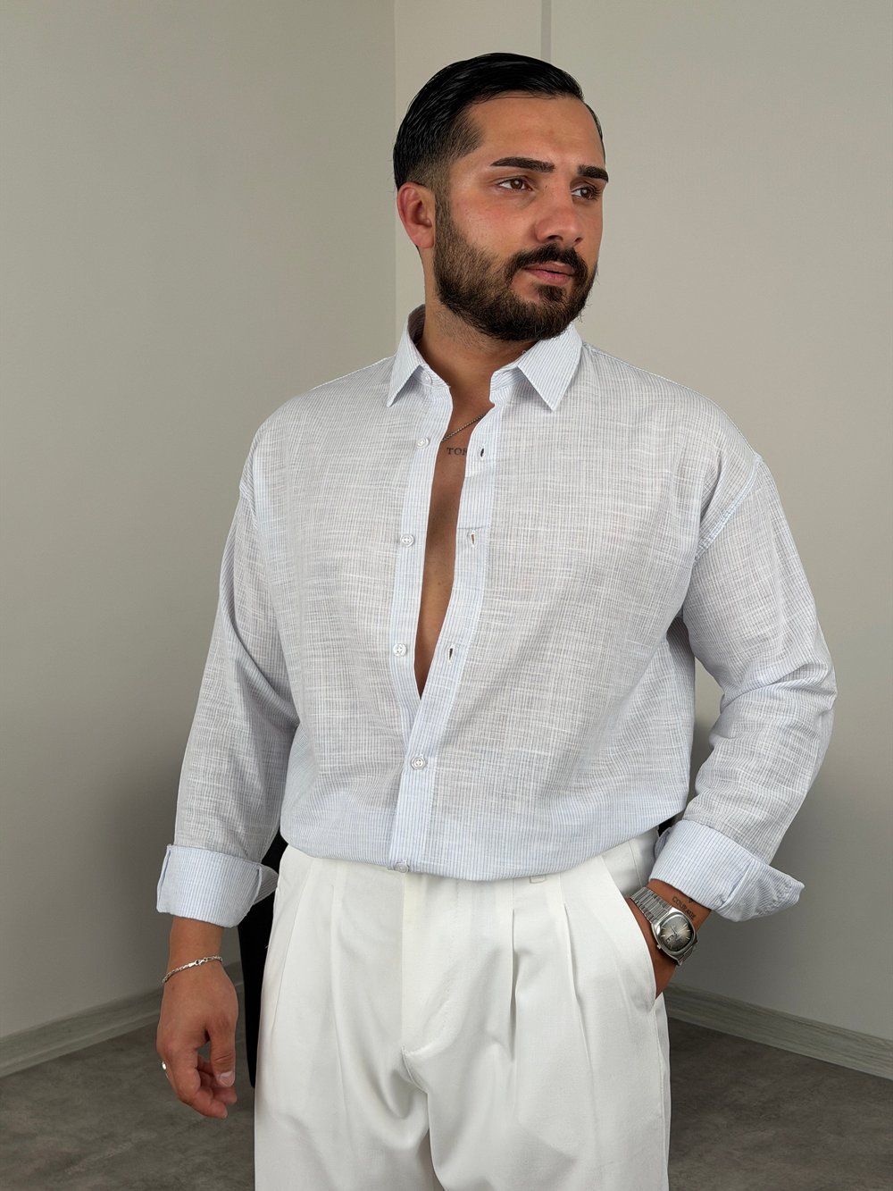 HAVAİ MODEL %100 KETEN GÖMLEK BEYAZ