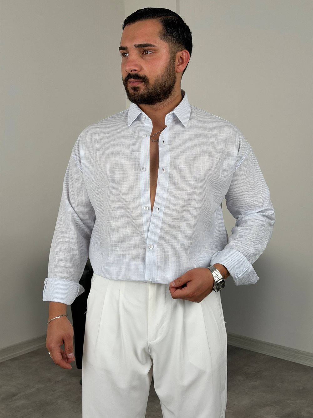 HAVAİ MODEL %100 KETEN GÖMLEK BEYAZ