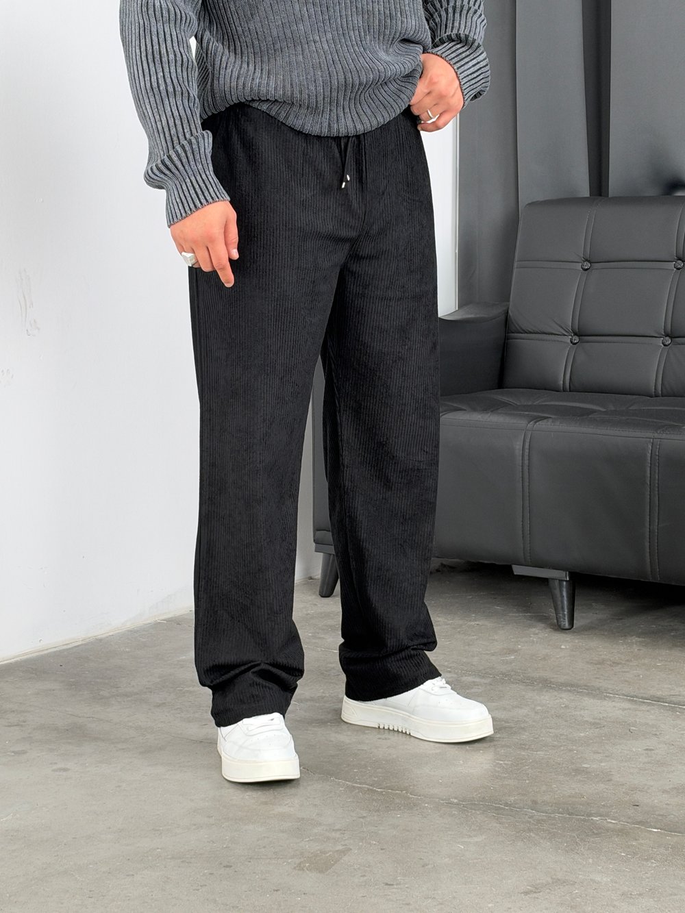HL  Beli Lastik Kadife Baggy Pantolon Siyah