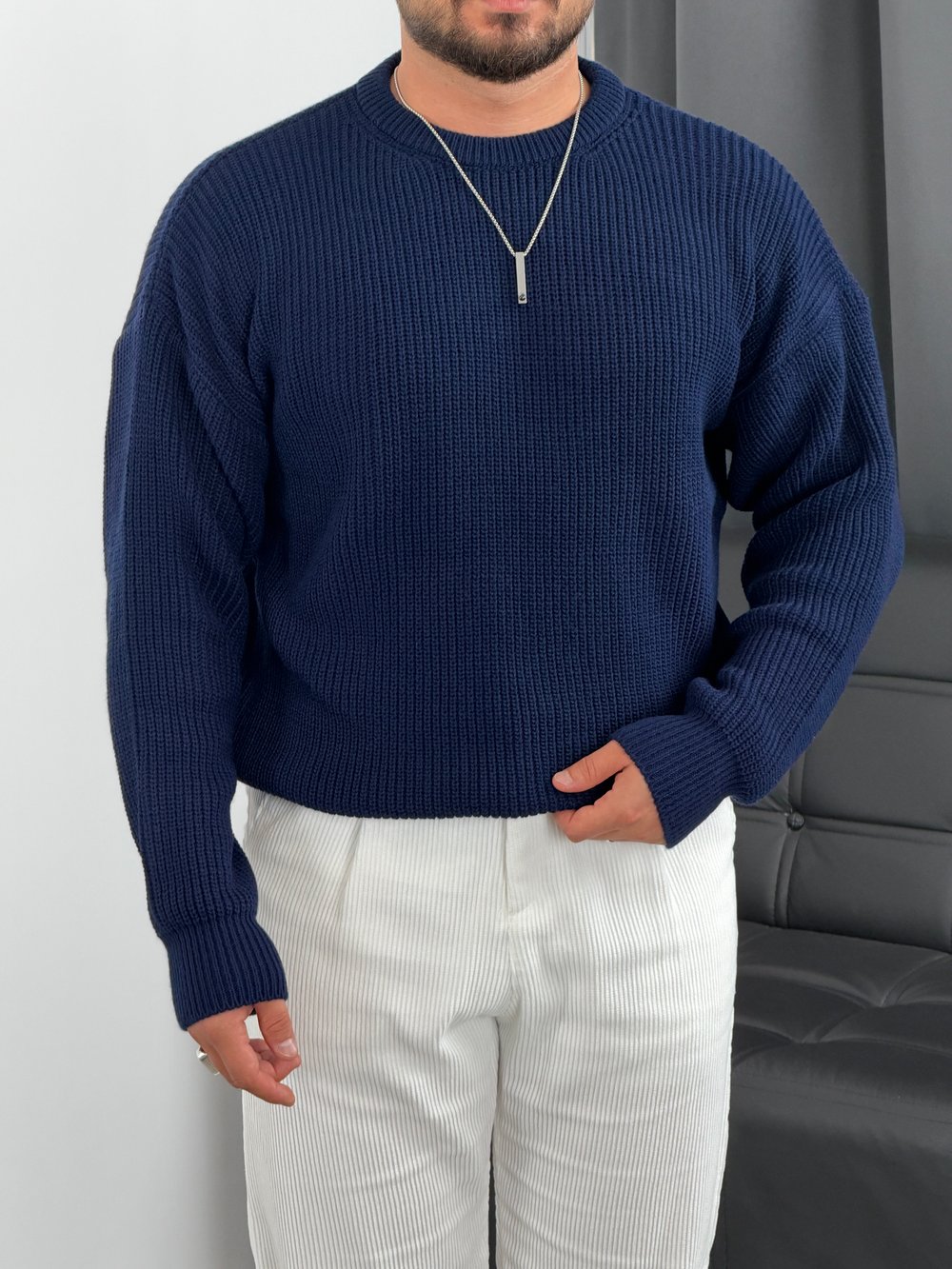 İNV Selanik Örgü Bisiklet yaka Triko Sweatshirt Lacivert