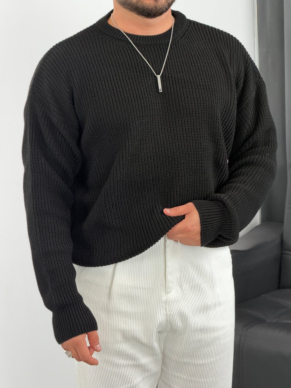 İNV Selanik Örgü Bisiklet yaka Triko Sweatshirt Siyah