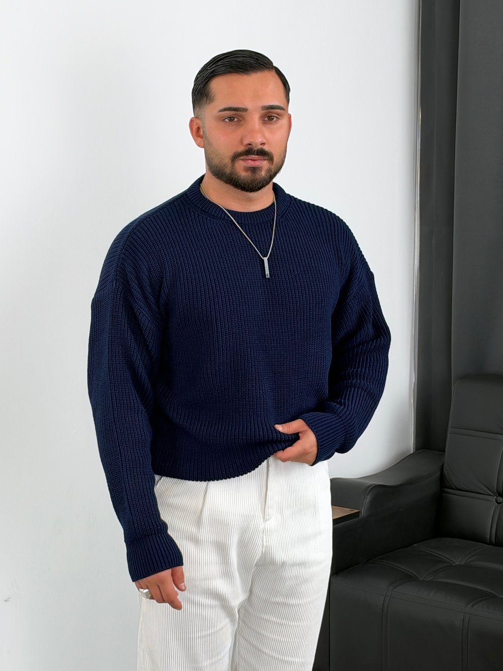 İNV Selanik Örgü Bisiklet yaka Triko Sweatshirt Lacivert