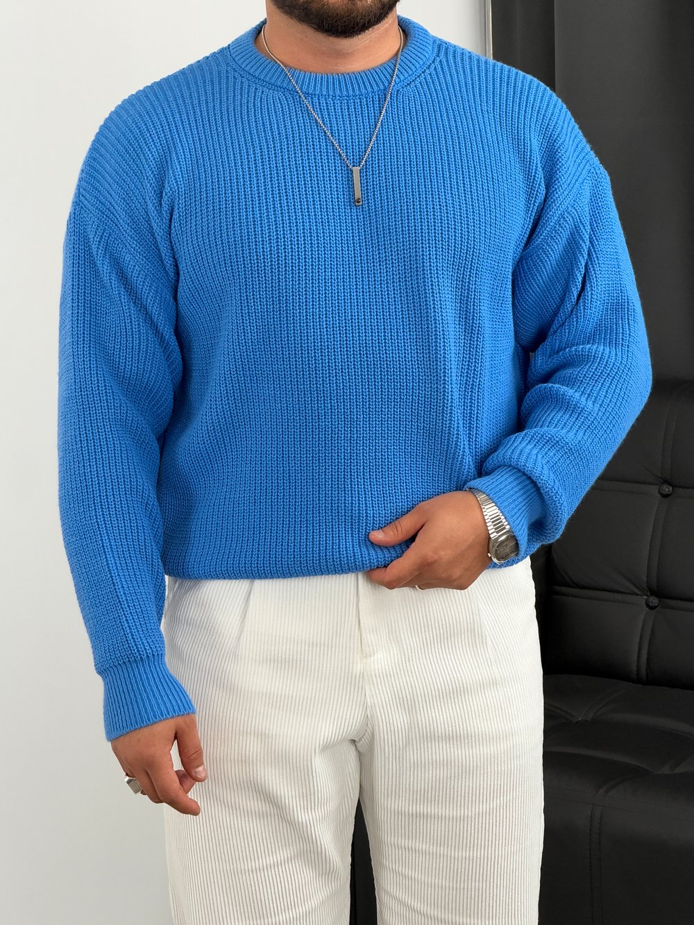 İNV Selanik Örgü Bisiklet yaka Triko Sweatshirt Mavi