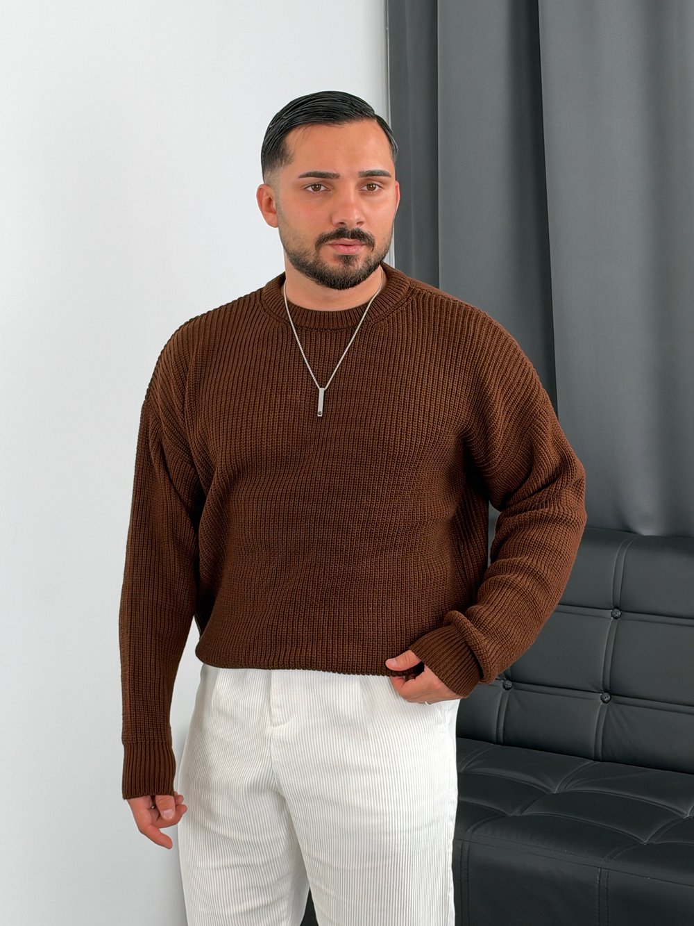 İNV Selanik Örgü Bisiklet yaka Triko Sweatshirt Acı Kahve