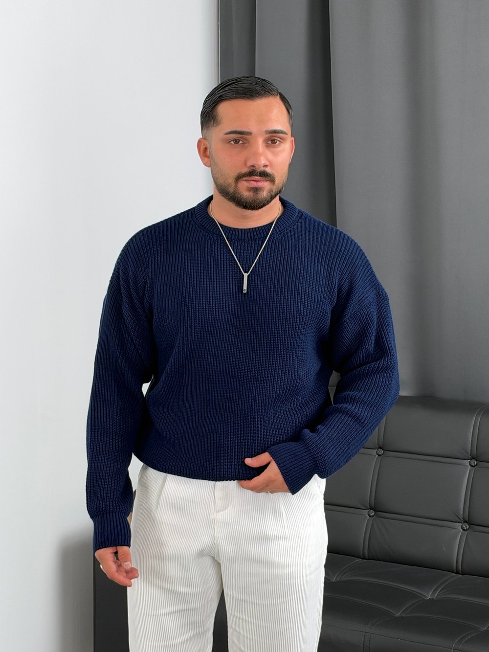 İNV Selanik Örgü Bisiklet yaka Triko Sweatshirt Lacivert