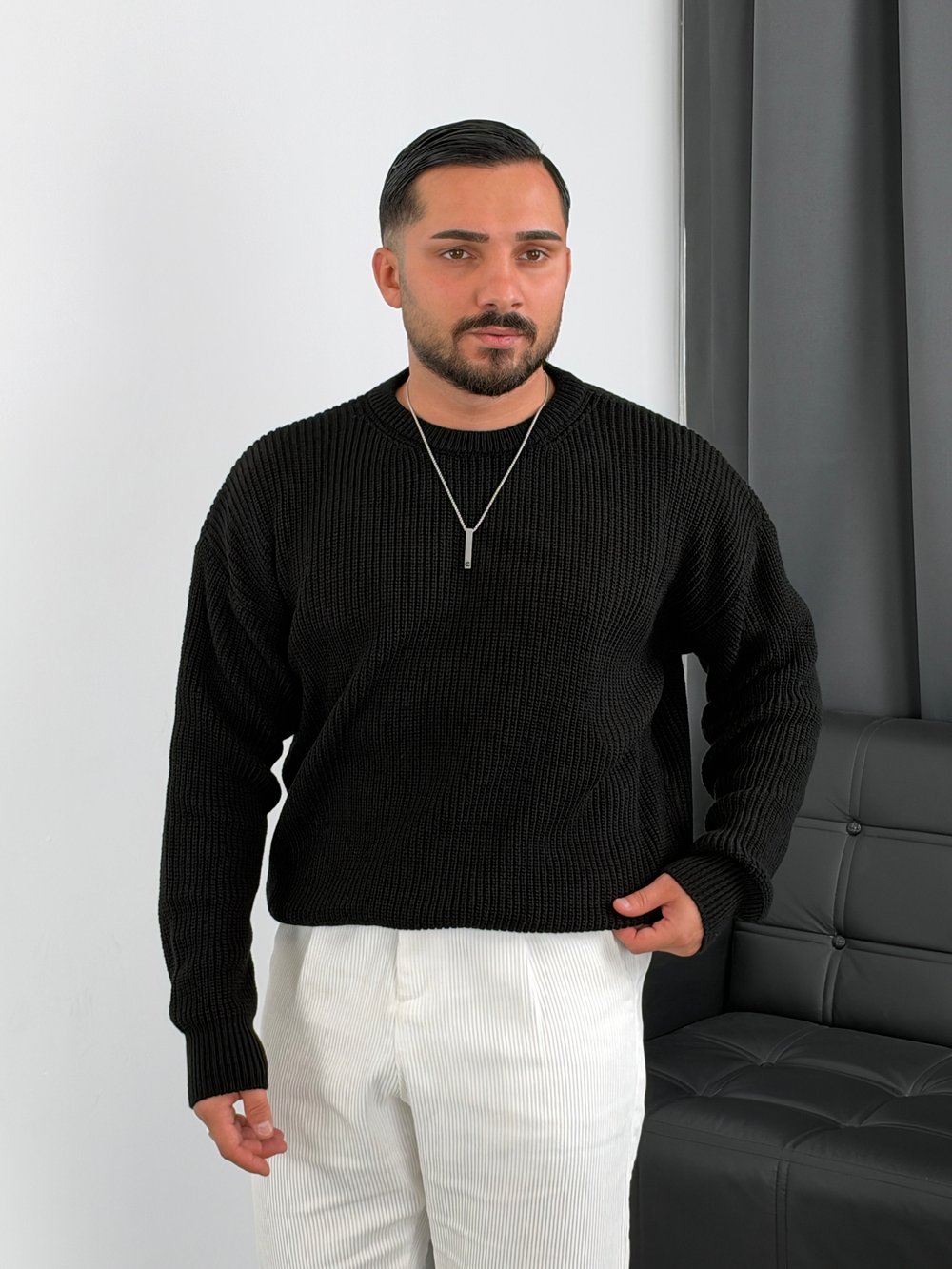 İNV Selanik Örgü Bisiklet yaka Triko Sweatshirt Siyah