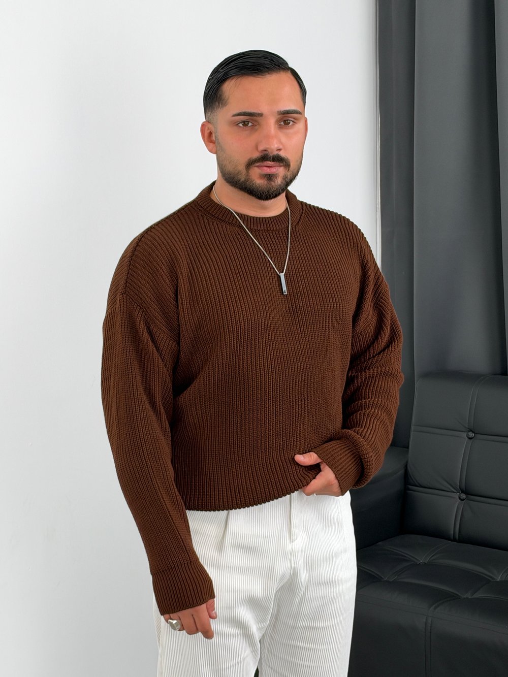 İNV Selanik Örgü Bisiklet yaka Triko Sweatshirt Acı Kahve