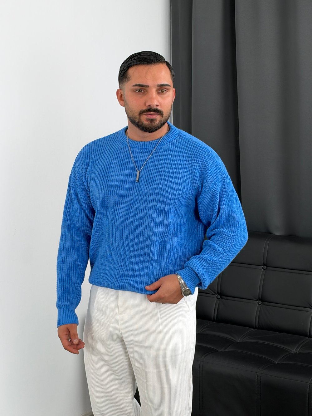 İNV Selanik Örgü Bisiklet yaka Triko Sweatshirt Mavi