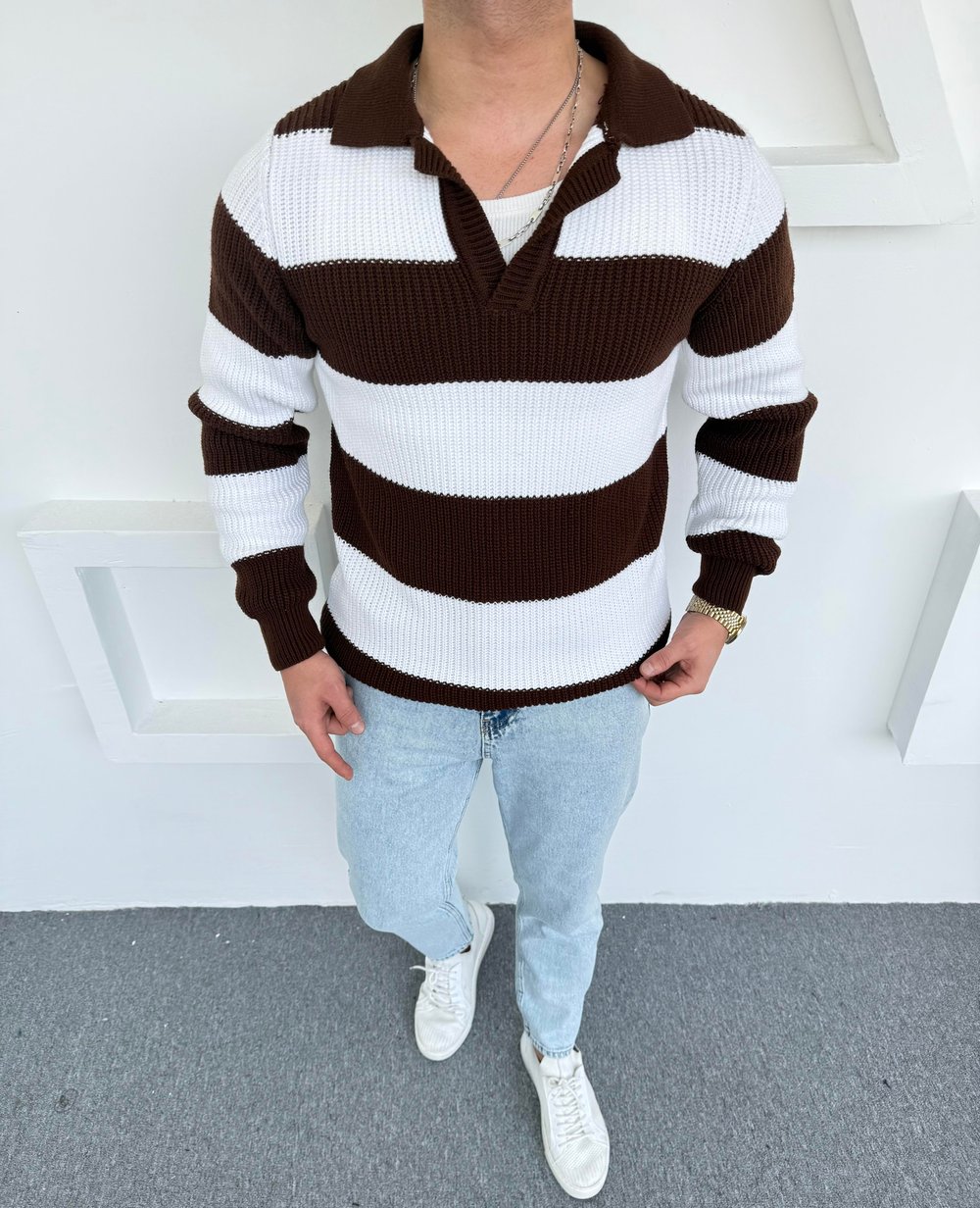 Kalın Açık Polo Yaka Oversize Triko Acı Kahve